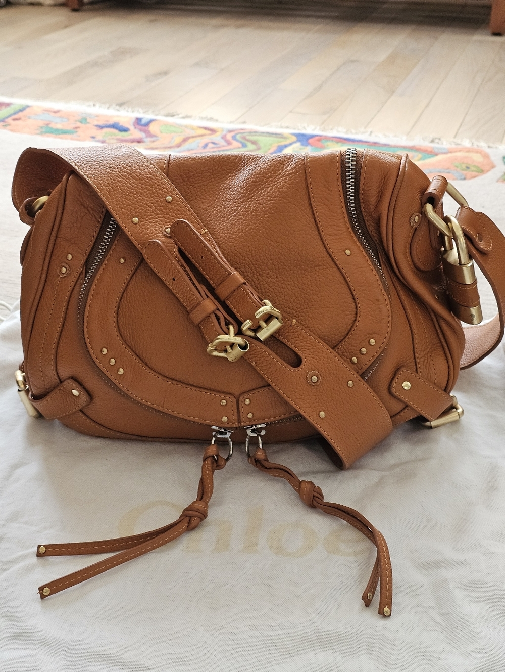 Saddle Tan Leather Shoulder Saddle Style Bag Brushed Gold Hardware